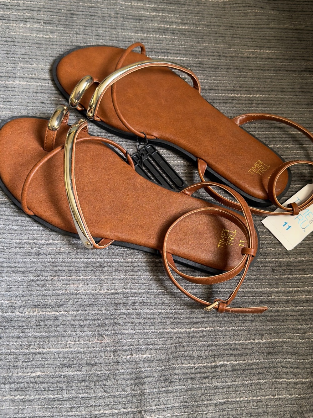 Time and Tru Brown Ankle Strap Sandals with Gold Accent